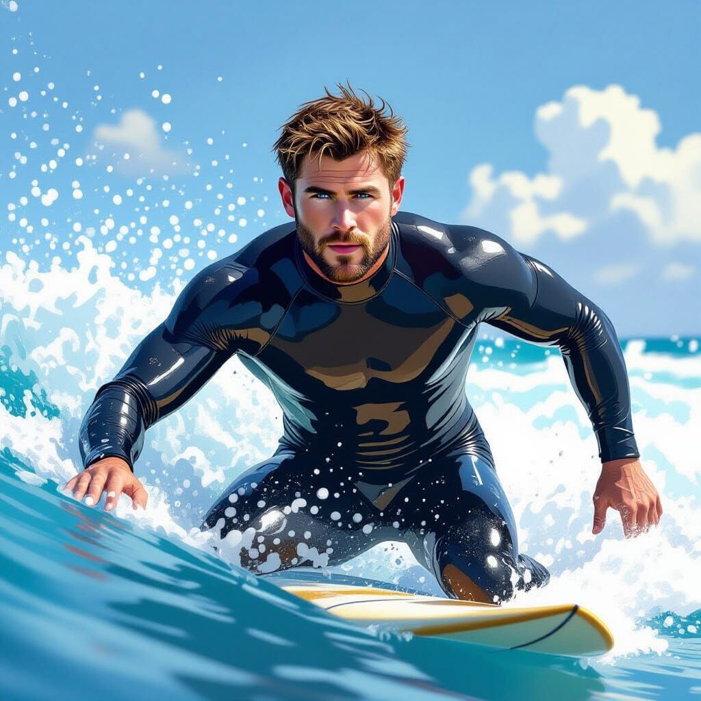 Surfer with Blue Eyes Rides a Wave