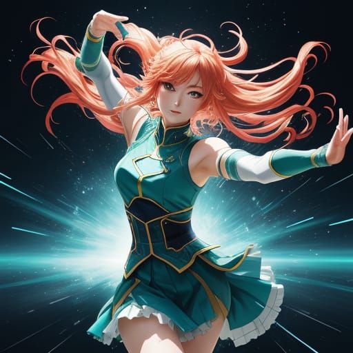 Anime Woman Dancing in Studio with Fluid Motion Lines