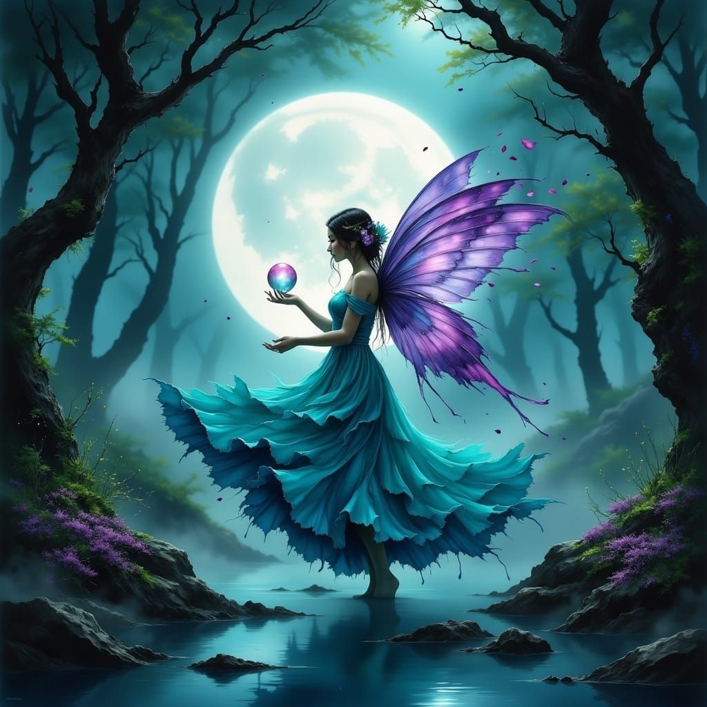 Mystical Fairy Illuminated by Moonlight in Enchanted Forest
