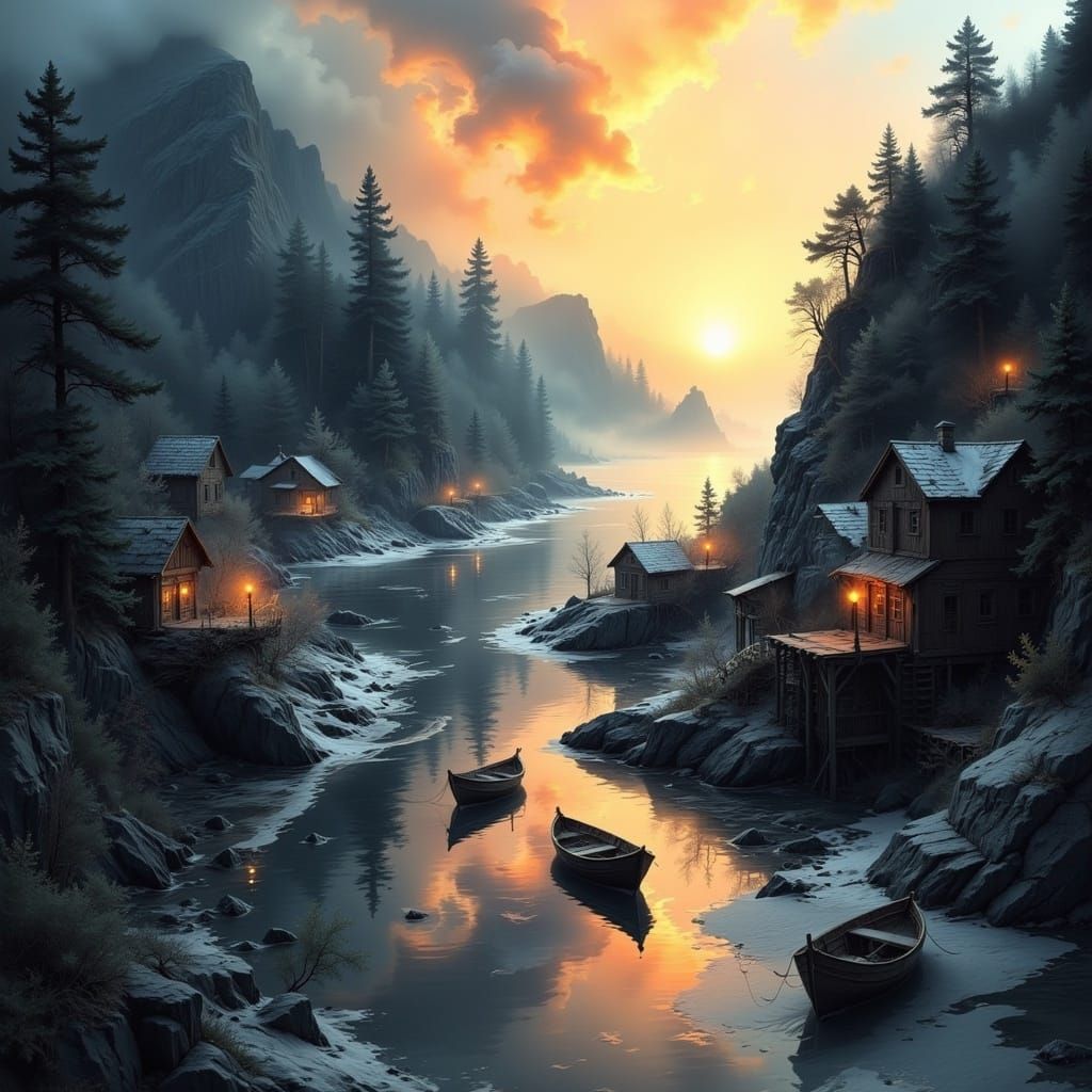 Coastal Fishing Village at Sunset in Dreamy Style