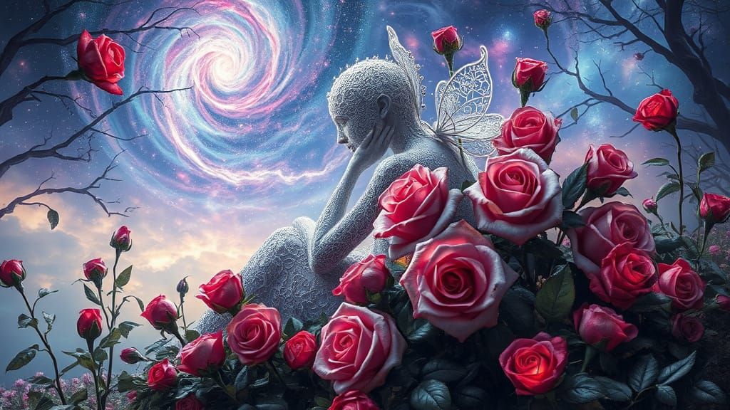 Ethereal Filigree Figure Amidst Roses in Bio-Art Style