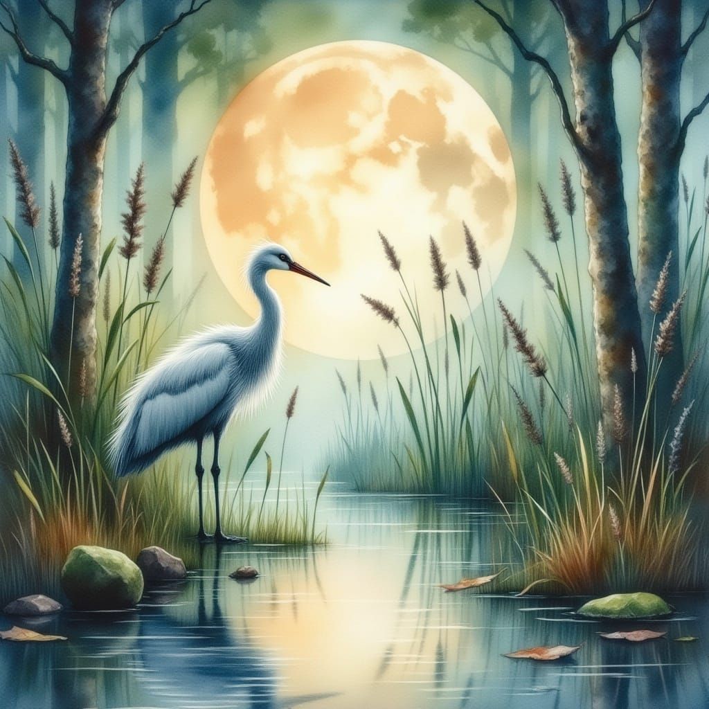 White Crane in Misty Pond: Antique Watercolor Art