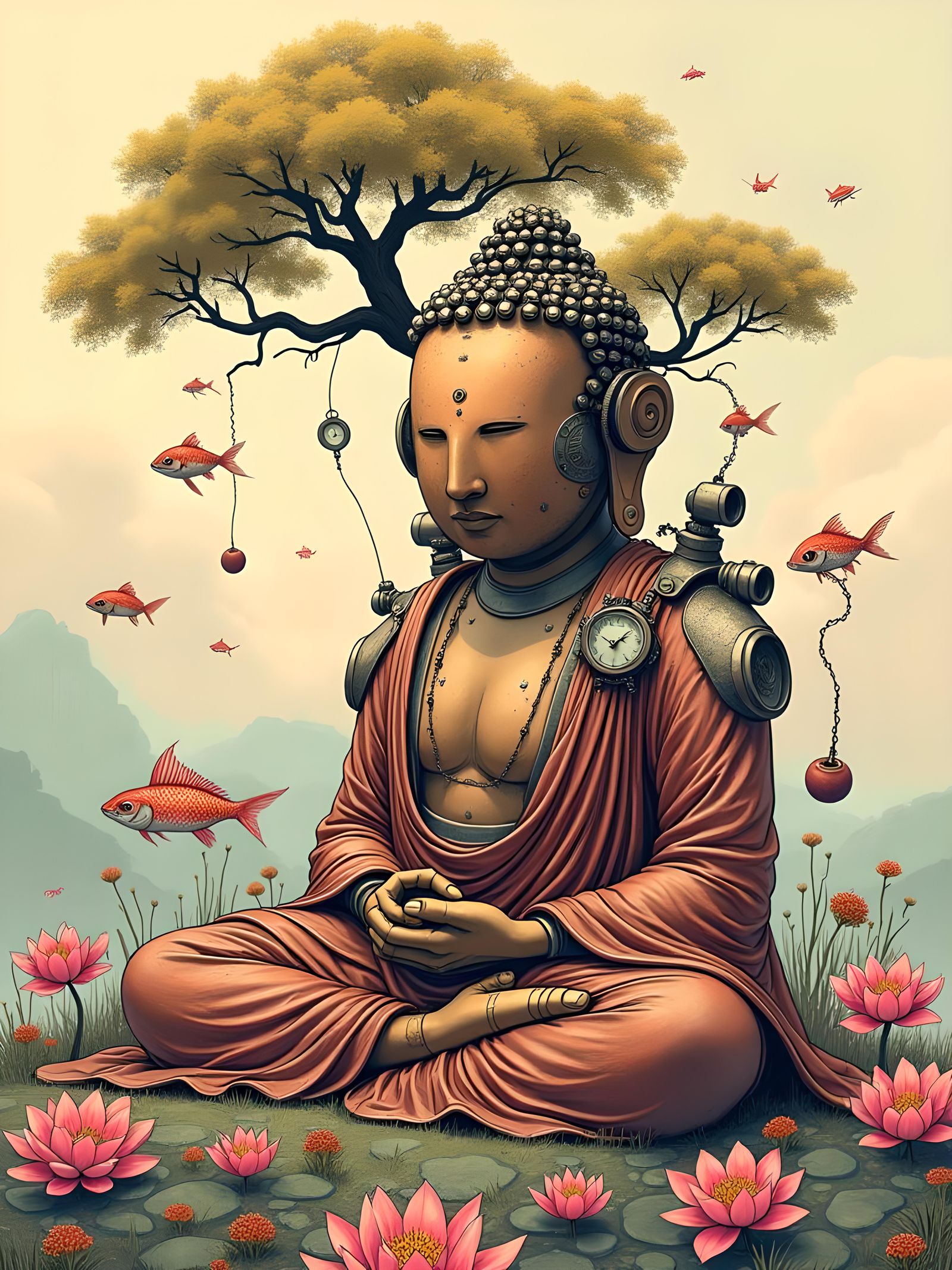 Steampunk Robot Buddha Meditating with Lotus Flowers