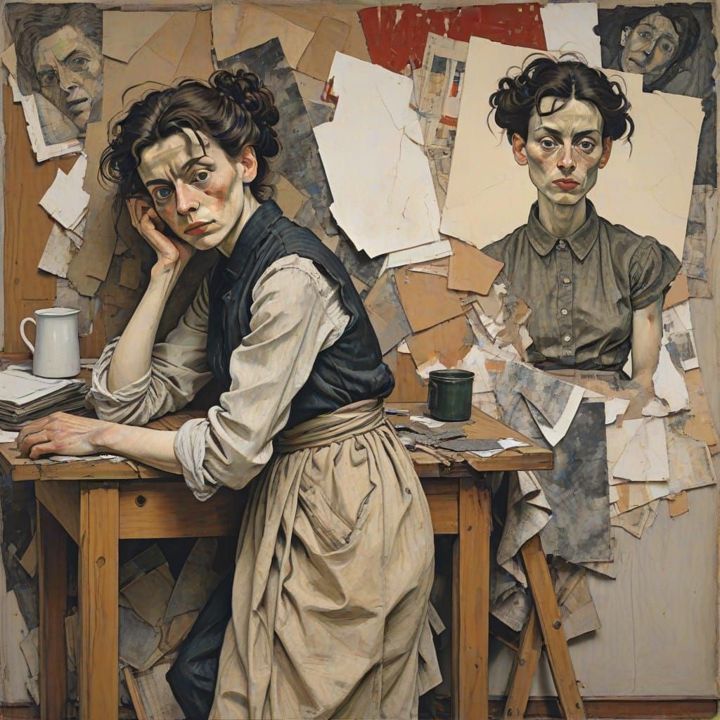 Woman in Tattered Dress, Expressive Portrait in Distressed P...