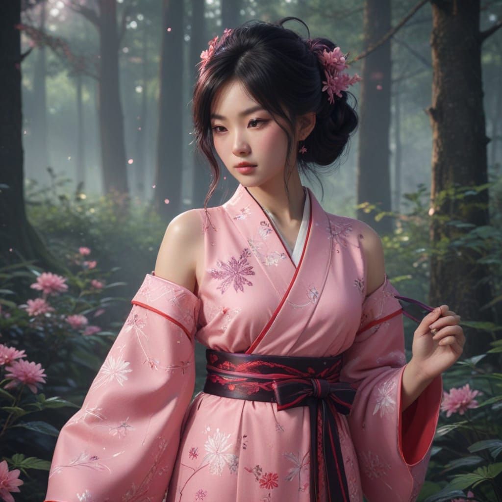 Ethereal Asian Beauty in Traditional Japanese Kimono Under S...