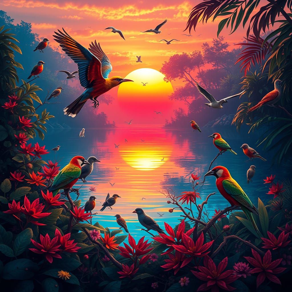 Vibrant Dawn Wildlife Scene in Splash Art Style