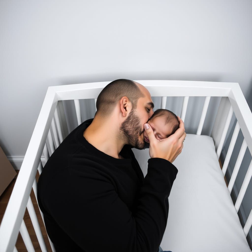 Affectionate Man Kissing Sleeping Baby in Crib