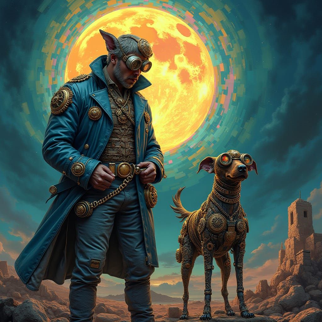 Steampunk Man and Dog Building House Under Mosaic Moon
