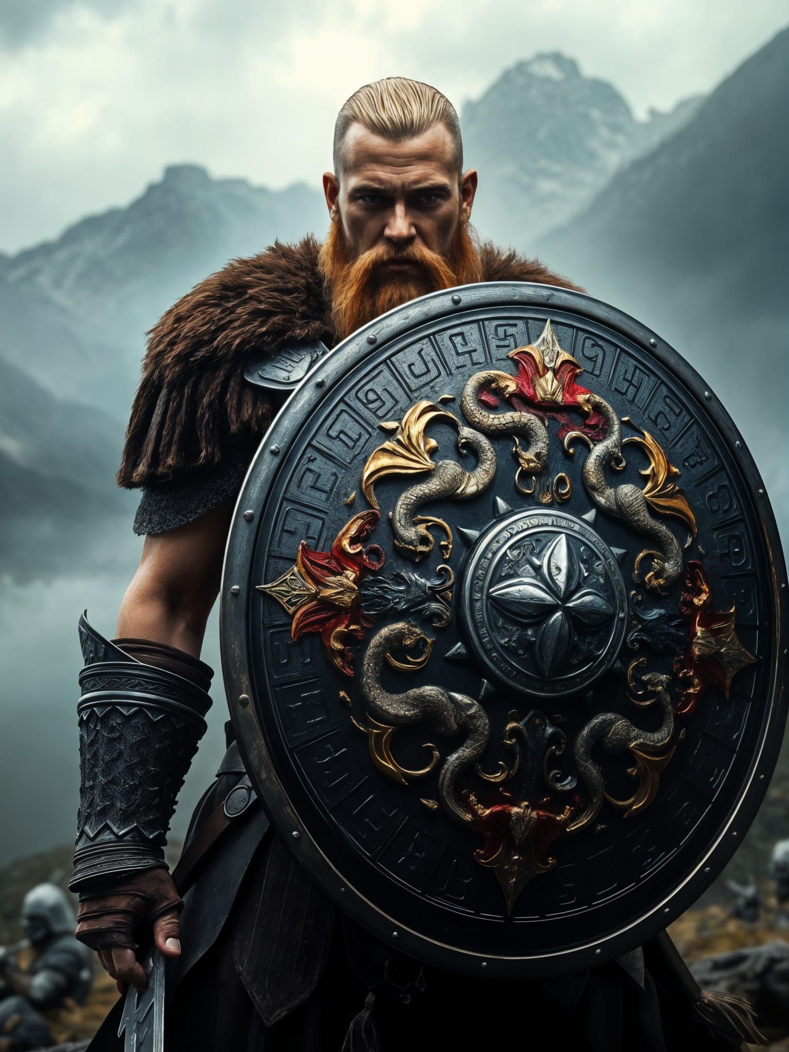 Viking Warrior with Ornate Shield in Majestic Battlefield Sc...