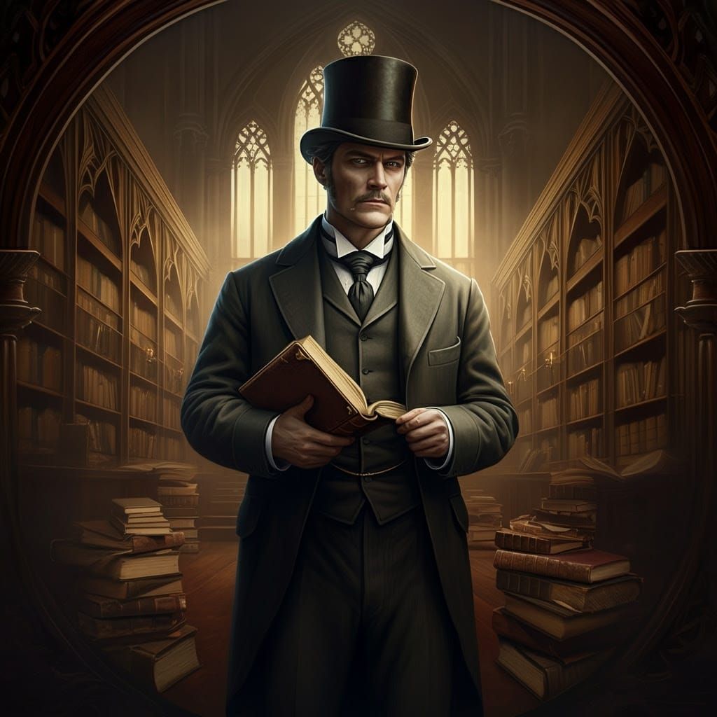 Victorian Gentleman in a Mysterious, Gothic Library