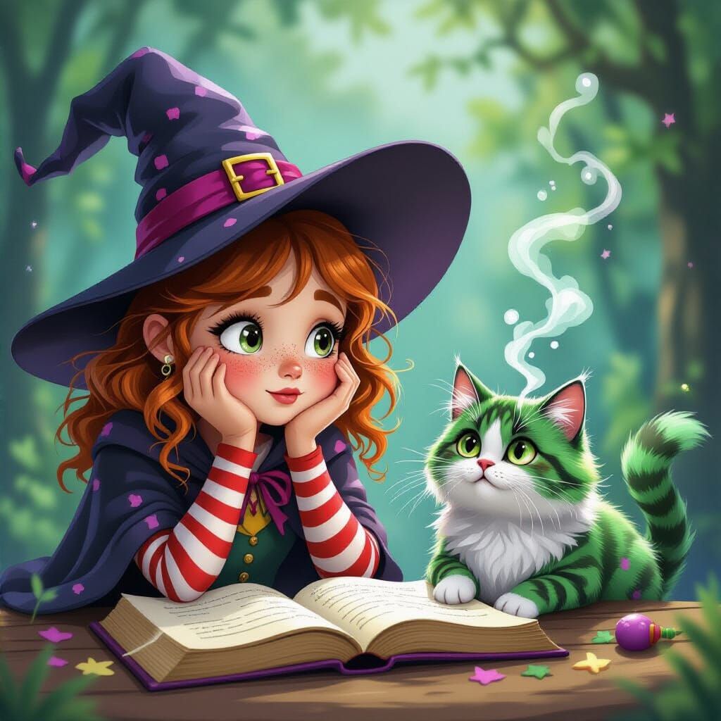 Cute Witch Casting Spell with Surprised Cat