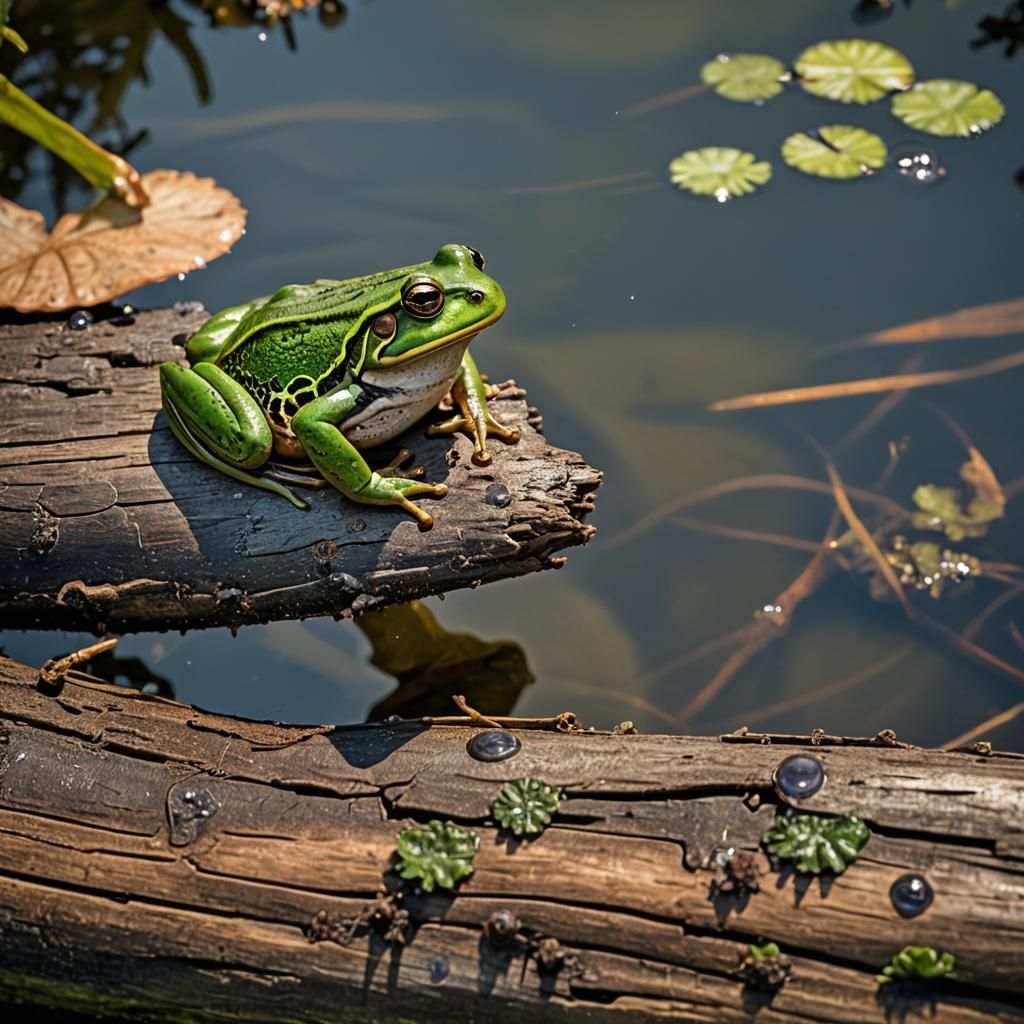 Hyperrealistic Frog on Log Ready to Eat