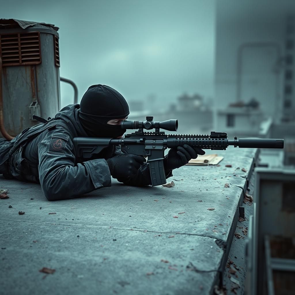 Tactical Sniper on Rooftop in Gritty Cinematic Style