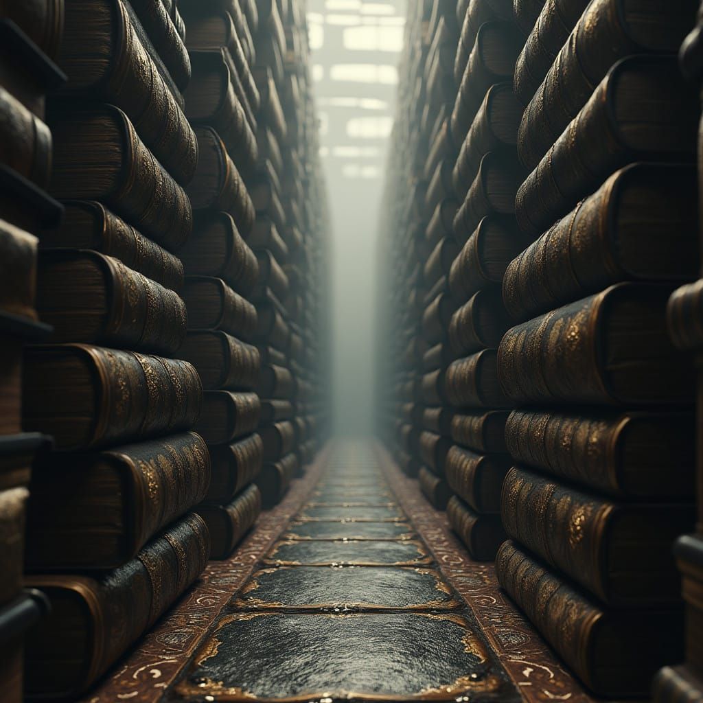 Ancient Tomes Vanish into Foggy Distance in Black and White