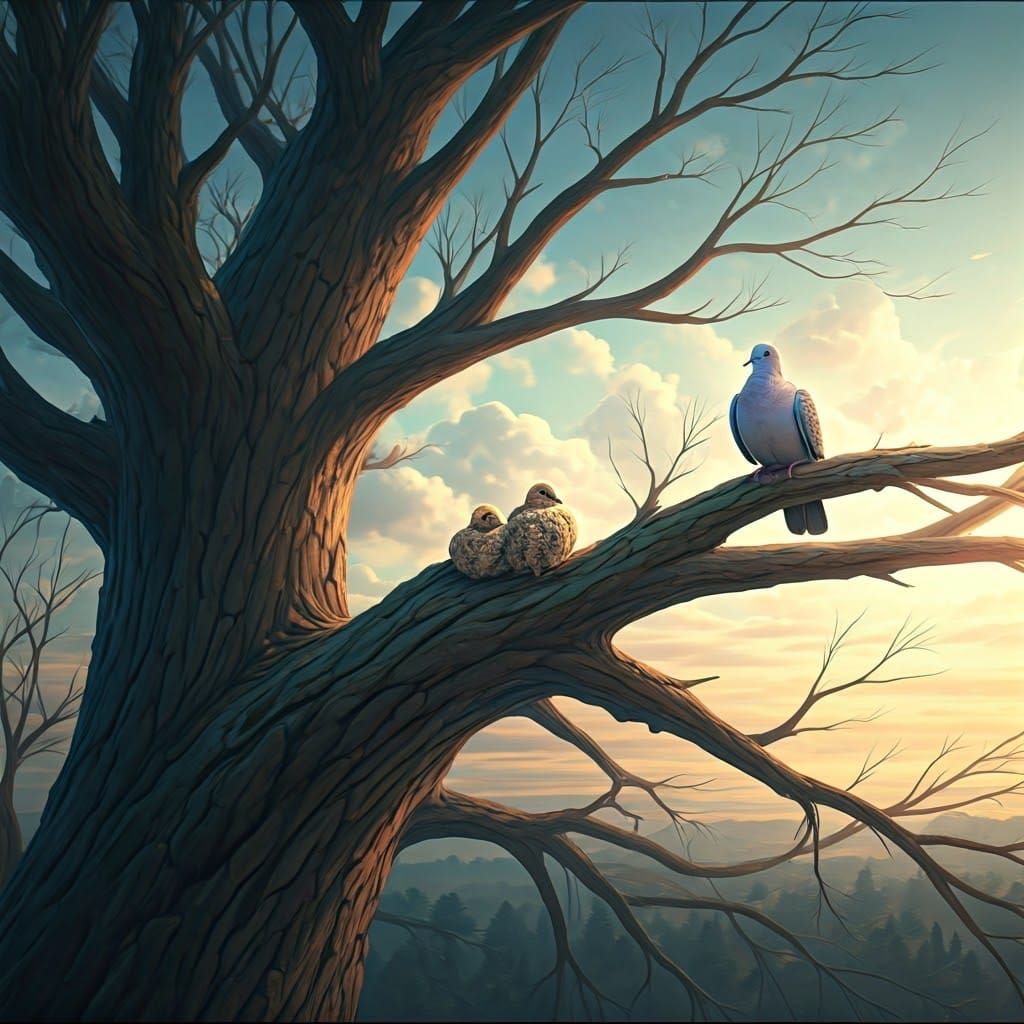 Serene Landscape with Majestic Tree and Dove's Nest