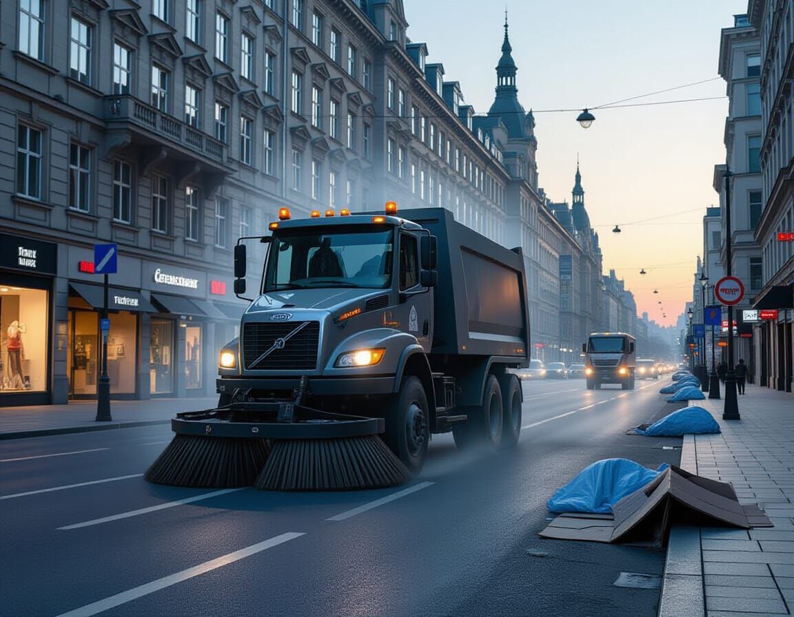Dystopian Street Sweeper in Surreal Style