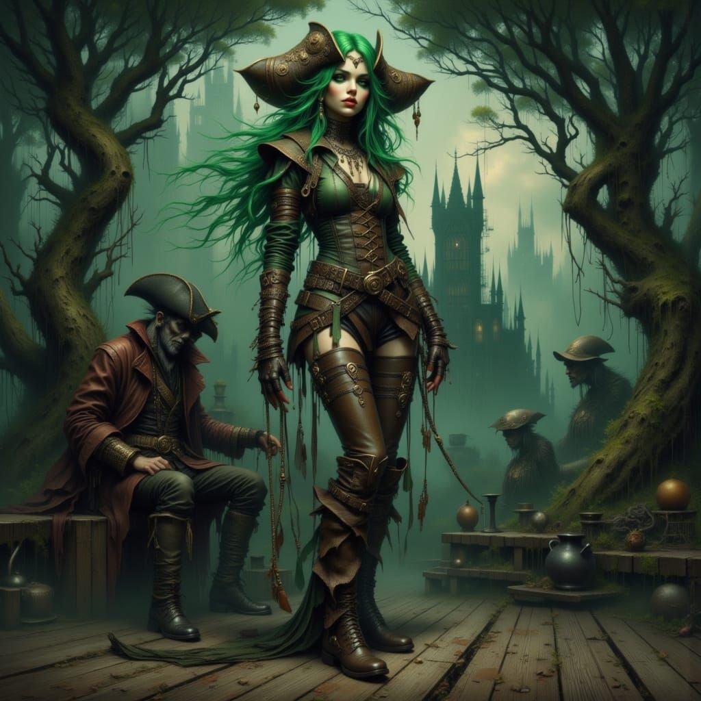 Steampunk Pirate Captain on Deck in Dark Fantasy Style