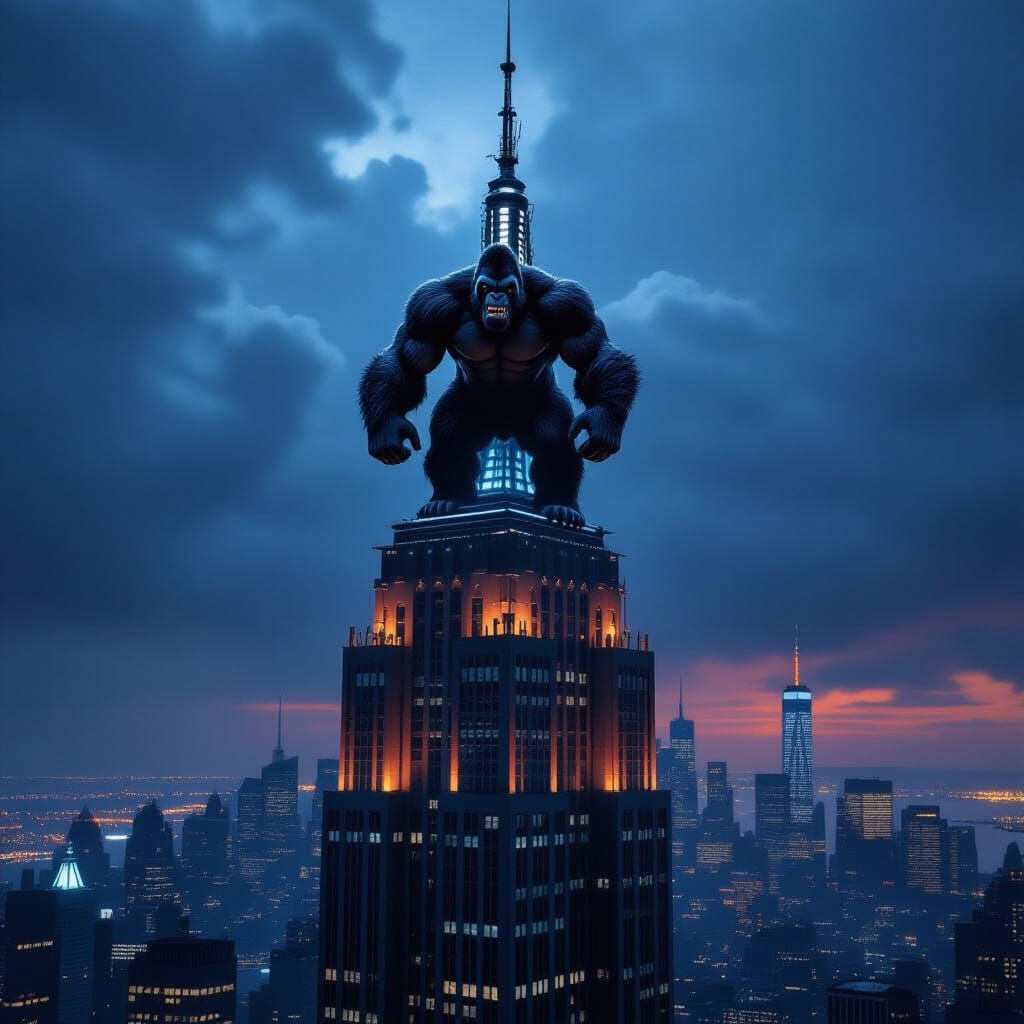 Hyperrealistic King Kong on Empire State Building in Stormy ...