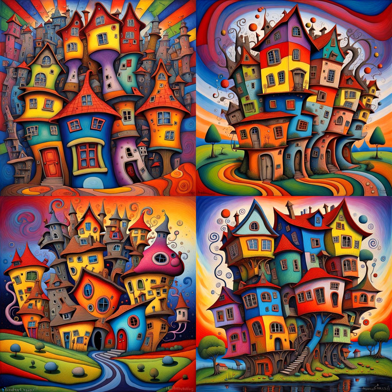 Colorful Fantasy scene, Distorted unbalanced reality, crazy house, weird house, strange house, chaos, by hundertschasser