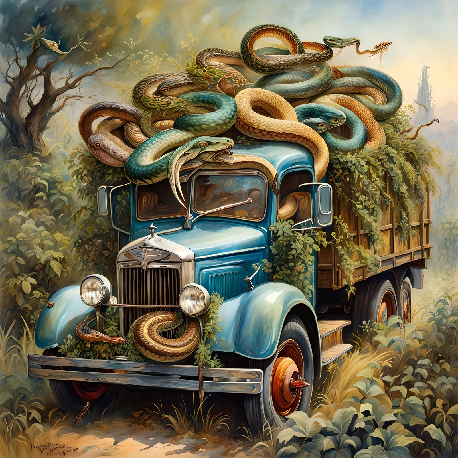 Truckload of Snakes: Detailed Artistic Illustration