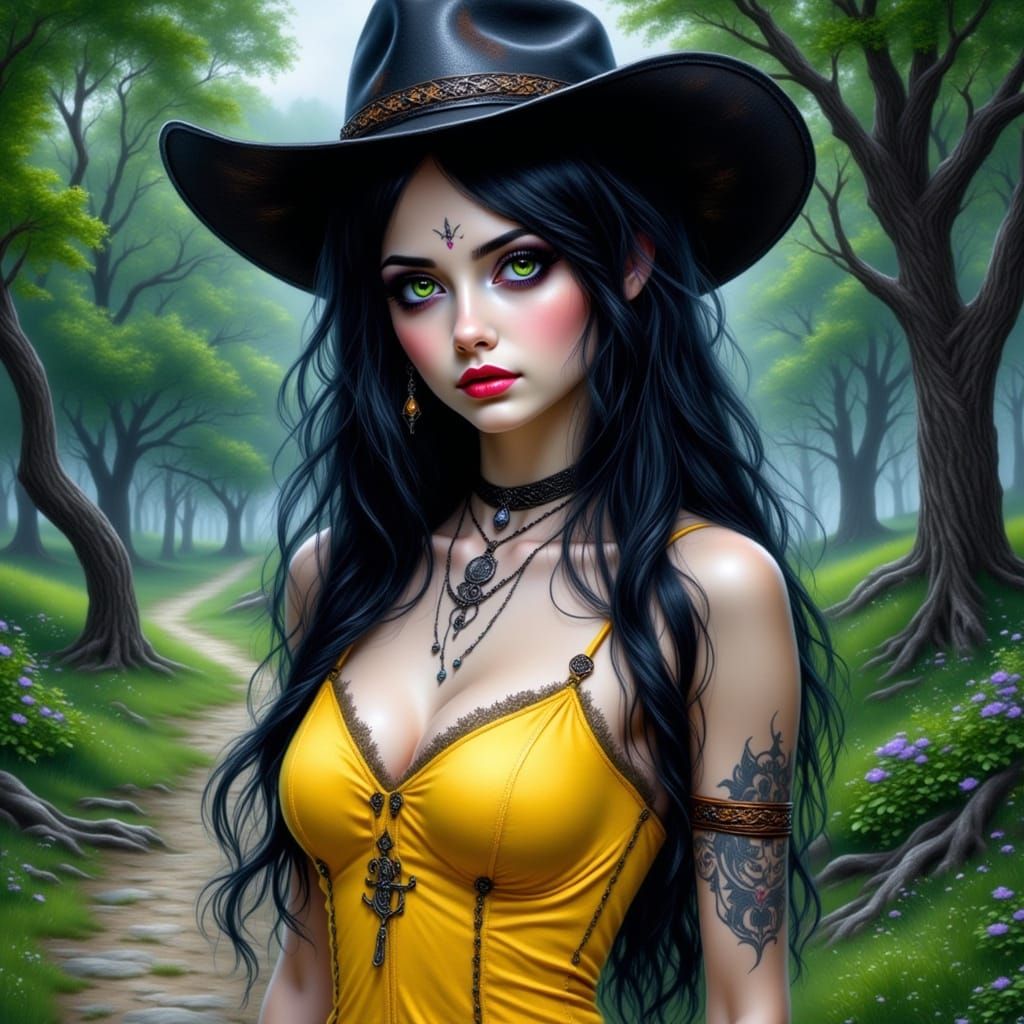 Gothic Girl in Yellow Dress Defies Park Setting