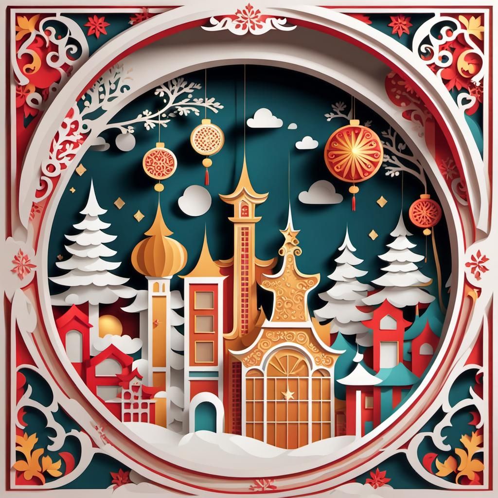 New Year Window Graphic in Paper Art Style