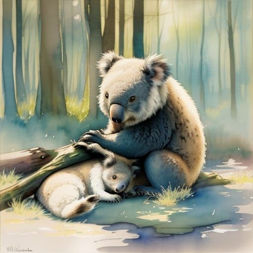 Koala and Baby in Impressionist Watercolor Landscape