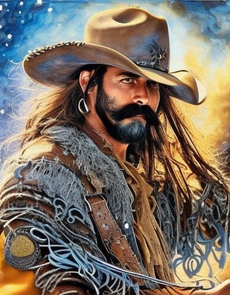 Cowboy With Epic Mustache, Hyperrealistic Watercolor Art