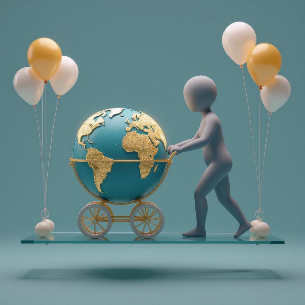 Surreal Human Pushing Globe Carriage on Glass Strip