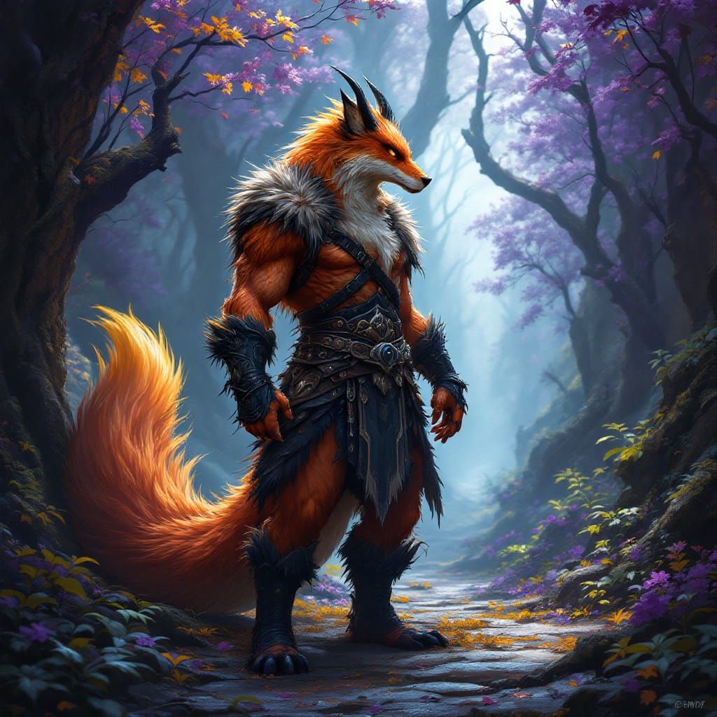 Dark Fantasy Fox Dragon Beast Man in Lush Forest