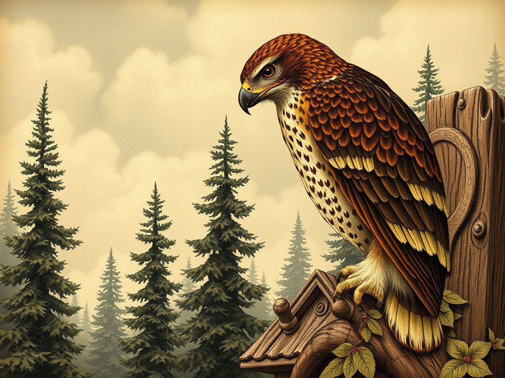 Nostalgic Rustic Scene with Hawk, Kinkade Style