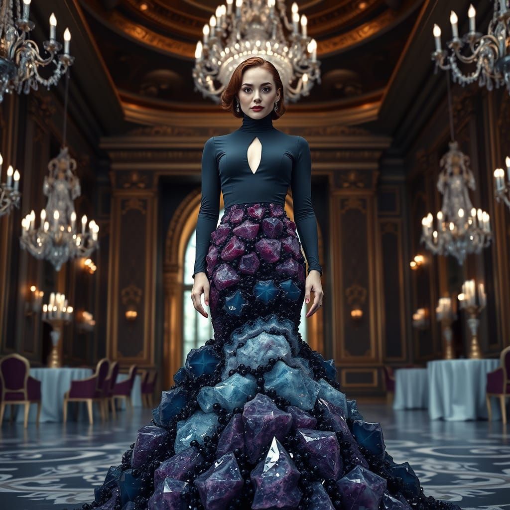 Glamorous Woman in Crystal Geode Mermaid Dress in Opulent Ba...