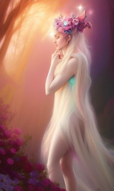 Ethereal Elf Woman with Unicorn Hair, Digital Painting