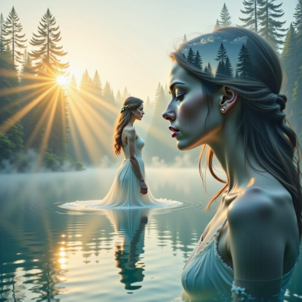 Serene Goddess Dreams in Double Exposure Sunrise