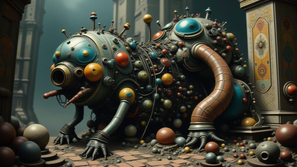 Malfunctioning Ancient Machine in Temple, Sci-Fi Aesthetic