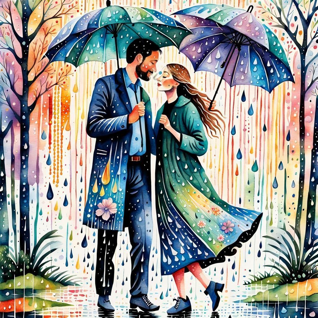 Couple Dancing in Rain: Whimsical Watercolor Illustration