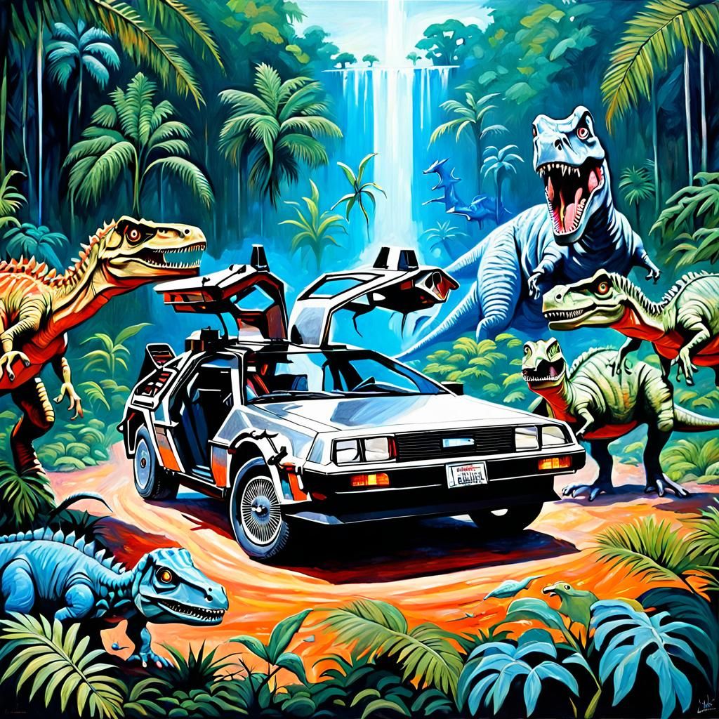 DeLorean in a Prehistoric Jungle, Oil Painting