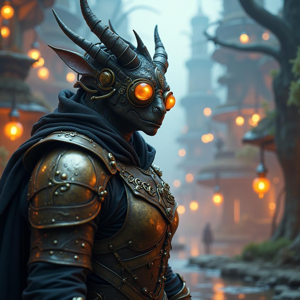Dragonborn Artificer in Steampunk Cityscape