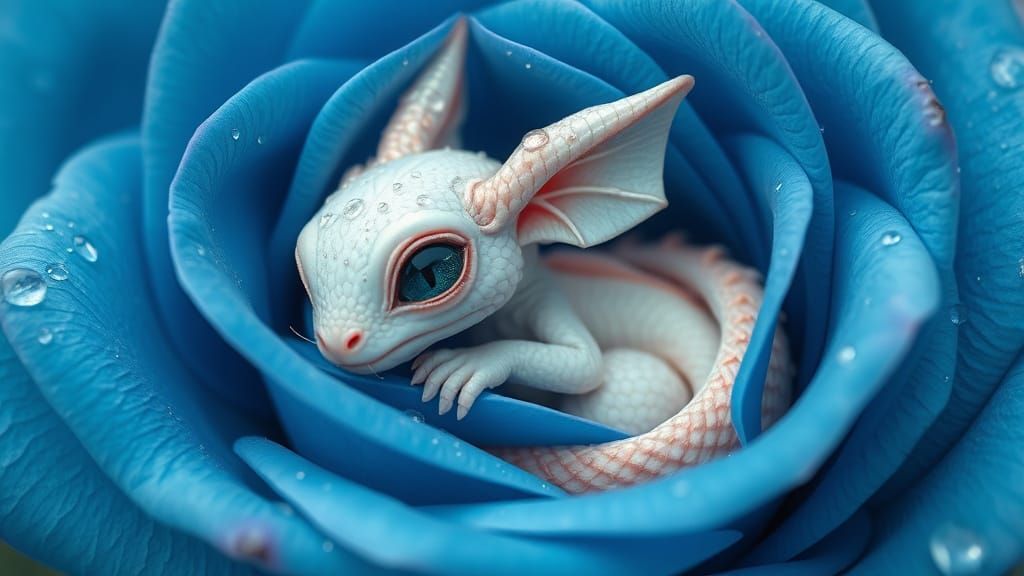 Dragon in Blue Rose with Dew Drops