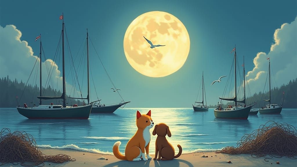 Moonlit Fishing Harbor with Animals, in Manhwa Style