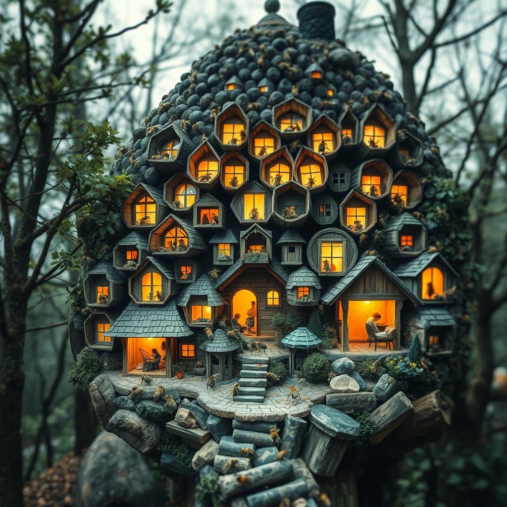 Whimsical Gouache Cityscape with Hyperdetailed Bees and Maxi...