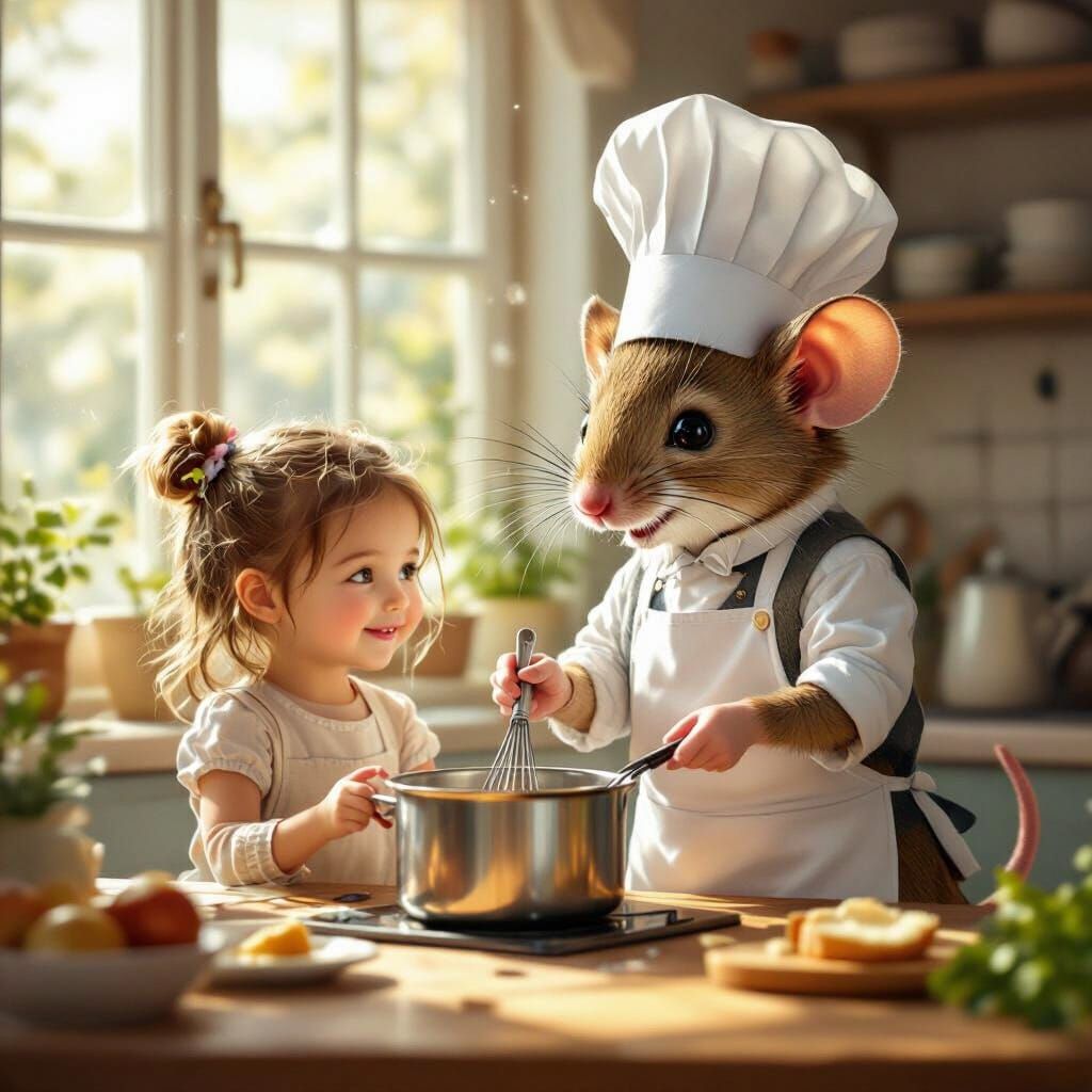 Mouse Chef Teaches Girl in Cozy Kitchen Oil Painting