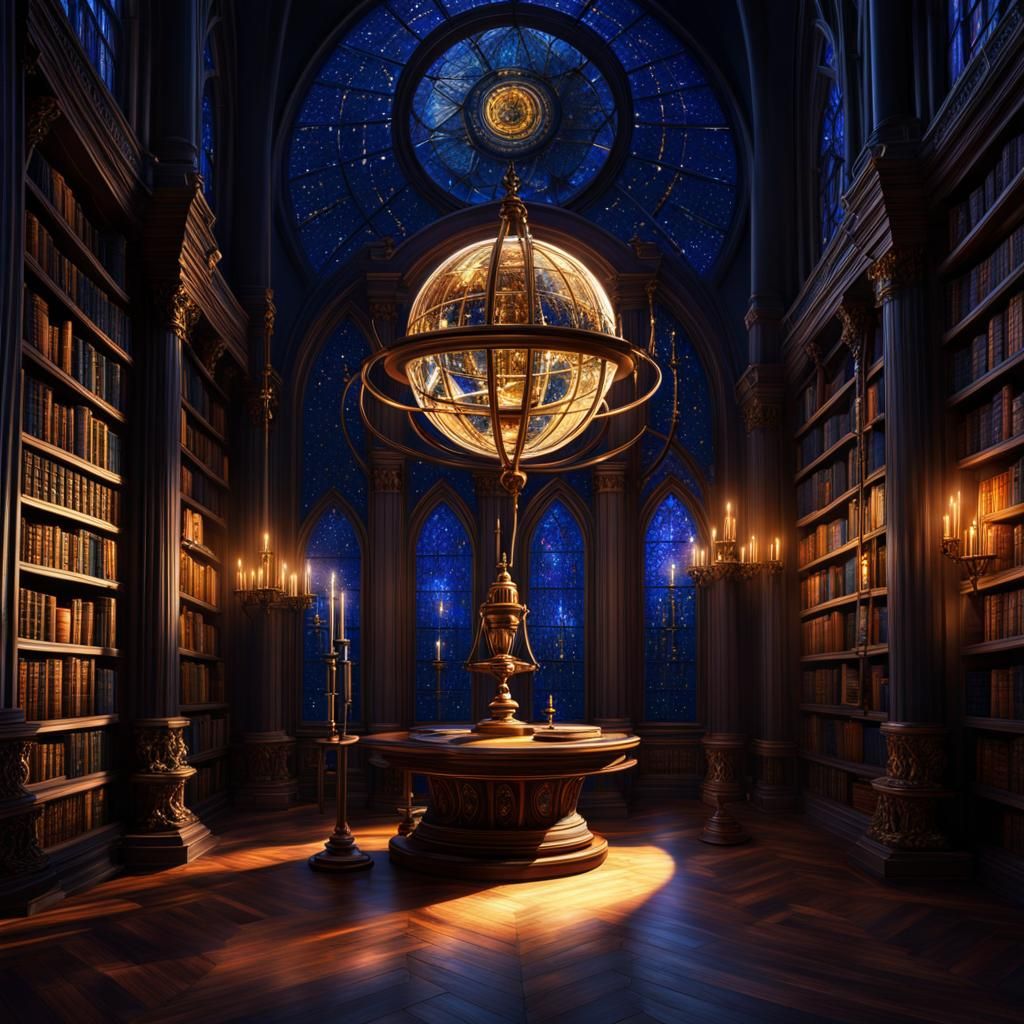 Mystical Astronomical Library in Dark Blue