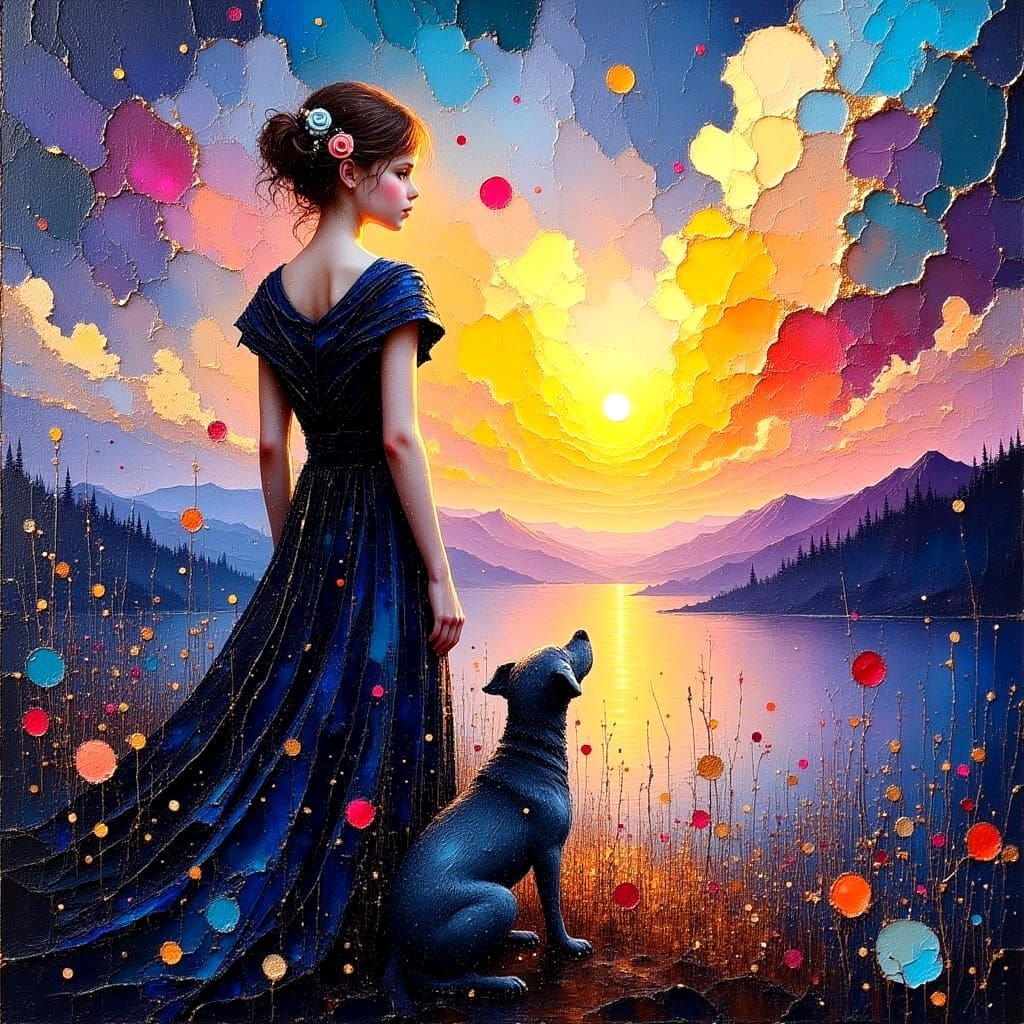 Girl and Dog at Sunset in Impasto Style