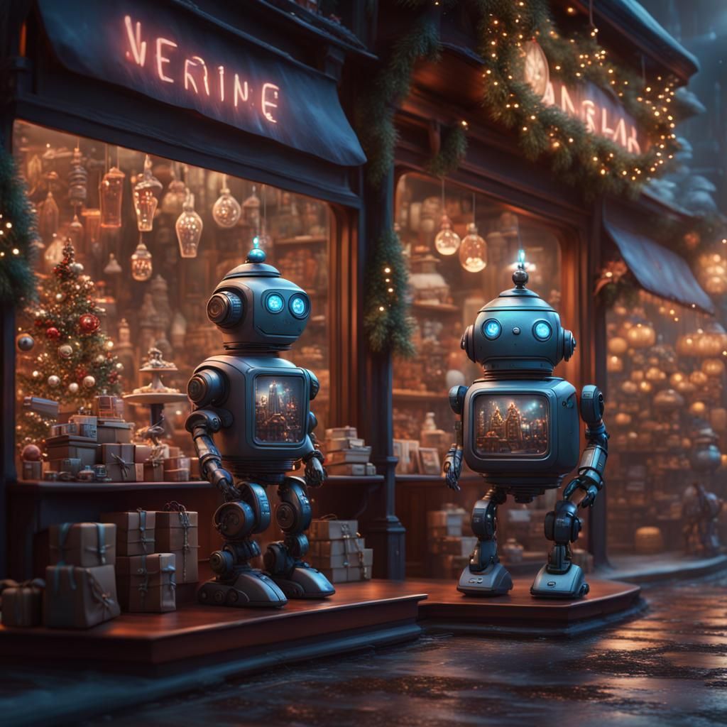 Miniature Robots on Sale at Christmas, Detailed Matte Painti...