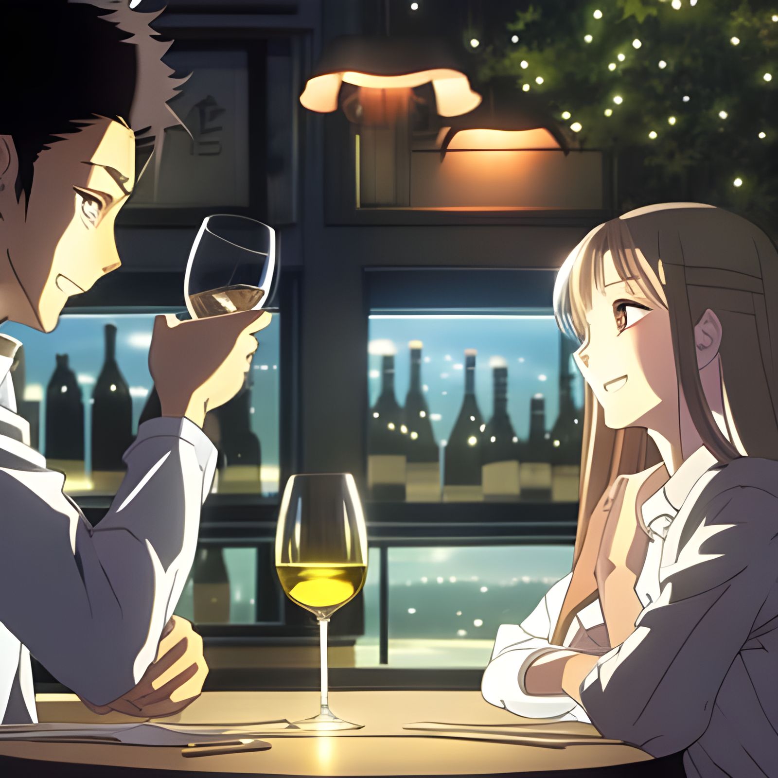 Smiling Couple Sharing Wine, Anime Style