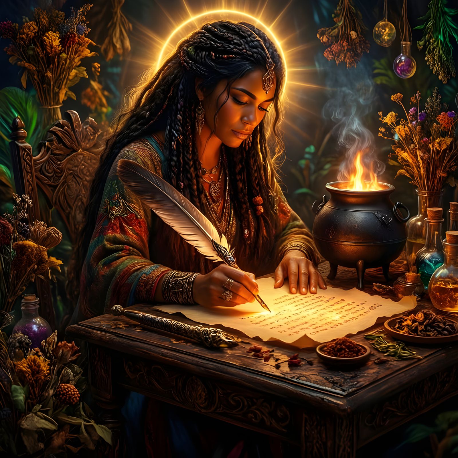 Goddess Writing by Firelight in Ornate Setting