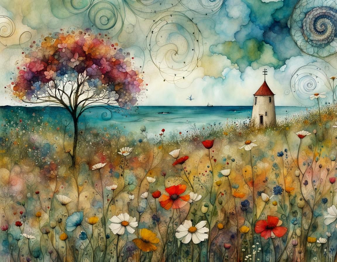 Seaside Wildflower Superbloom in Scandinavian Folk Art