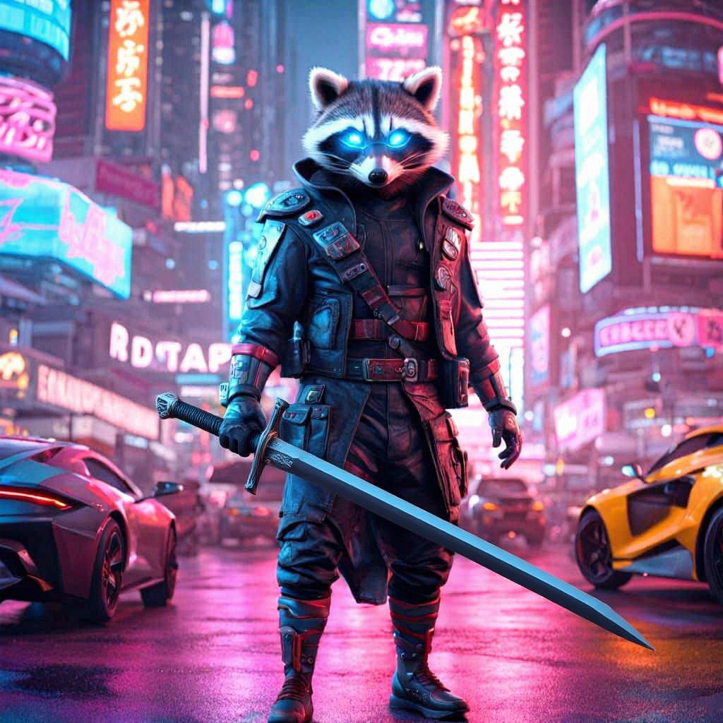 Raccoon Ninja Warrior in a Futuristic Tokyo, Digital Art