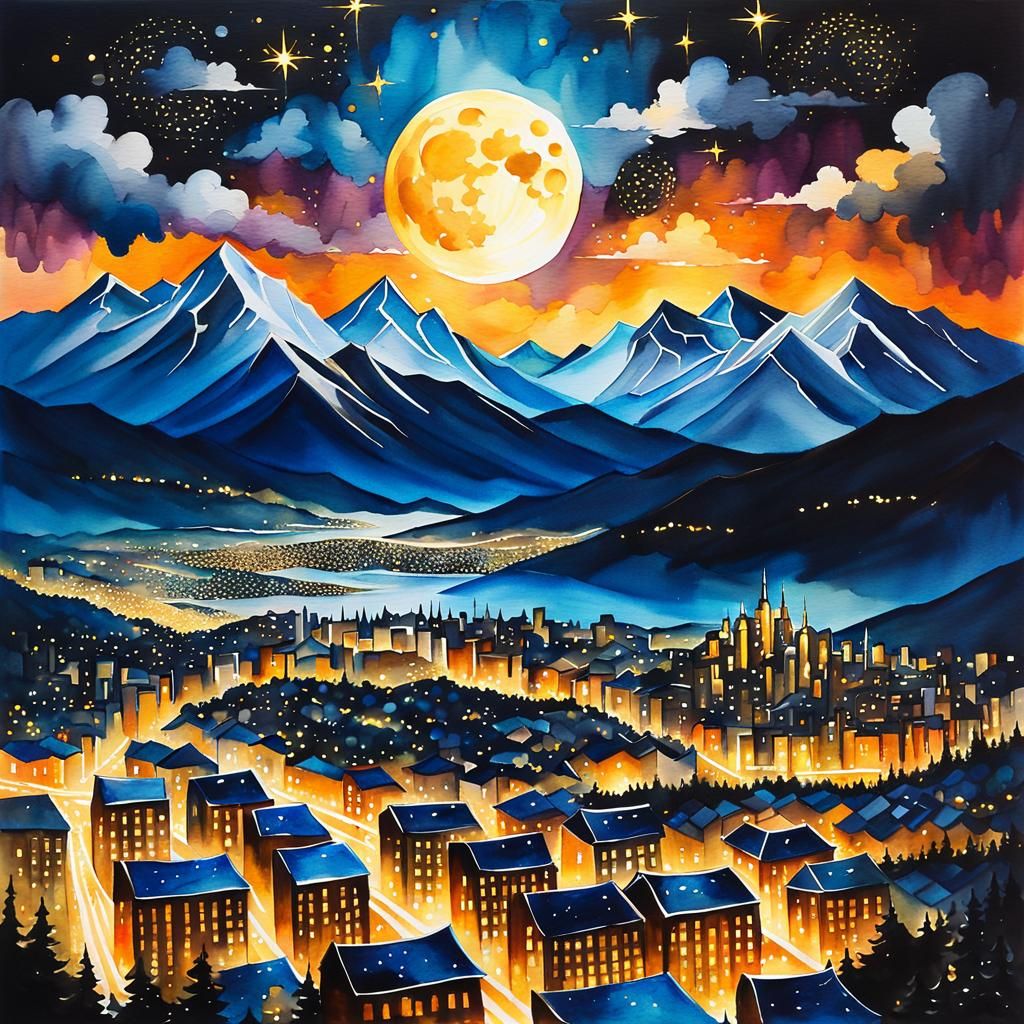 Night Cityscape Watercolor Painting with Gold Sparkles